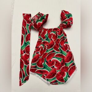 CoolMySia baby girl's watermelon romper matching headband.  Size 80-US 12-18M.